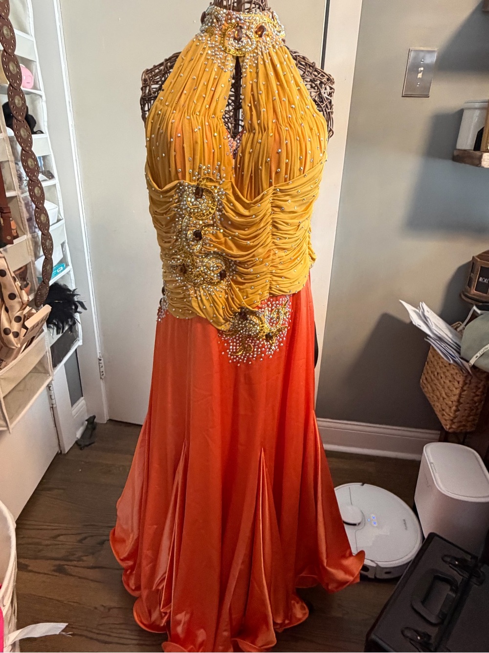 Embellished Halter ballroom Gown in Mustard and Orange